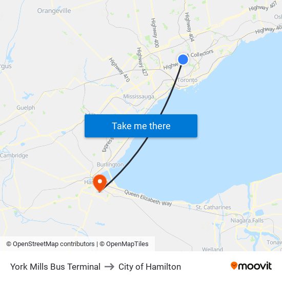 York Mills Bus Terminal to City of Hamilton map
