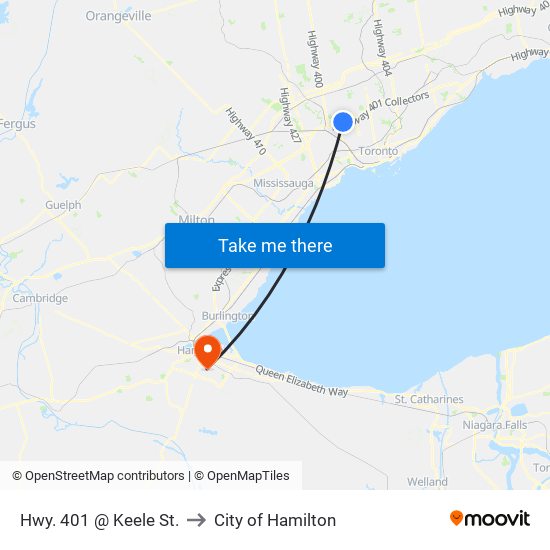Hwy. 401 @ Keele St. to City of Hamilton map