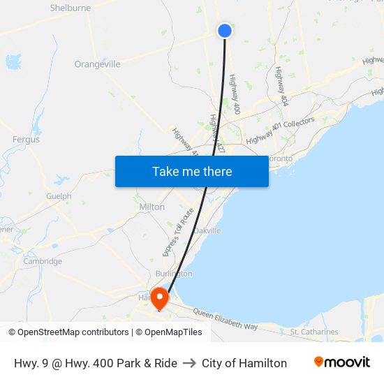 Hwy. 9 @ Hwy. 400 Park & Ride to City of Hamilton map