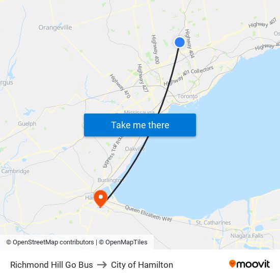 Richmond Hill Go Bus to City of Hamilton map
