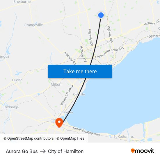 Aurora Go Bus to City of Hamilton map