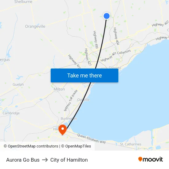 Aurora Go Bus to City of Hamilton map