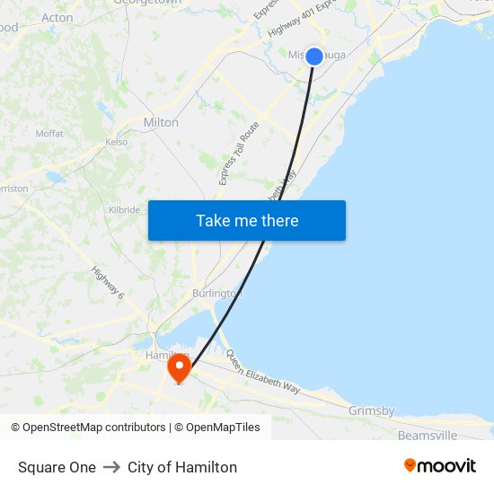 Square One to City of Hamilton map