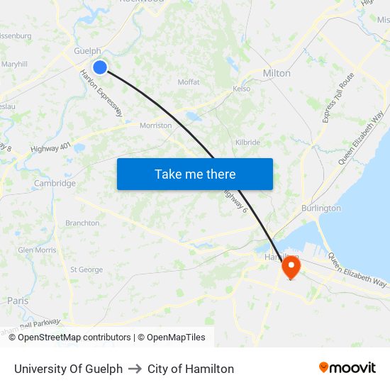 University Of Guelph to City of Hamilton map