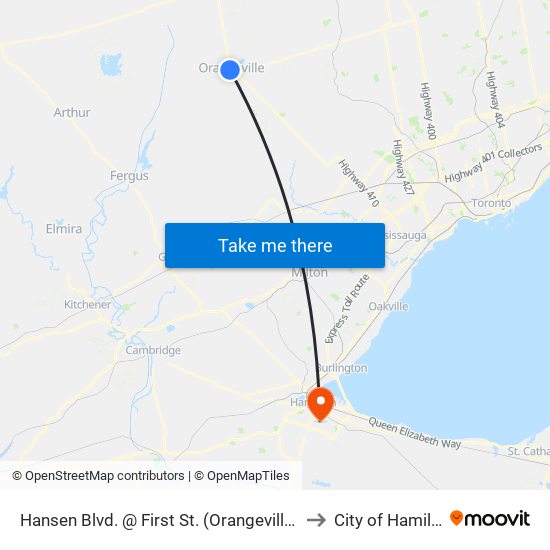 Hansen Blvd. @ First St. (Orangeville Mall) to City of Hamilton map