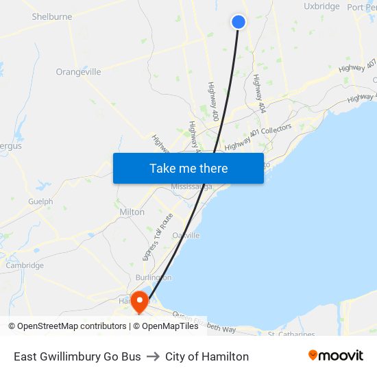 East Gwillimbury Go Bus to City of Hamilton map