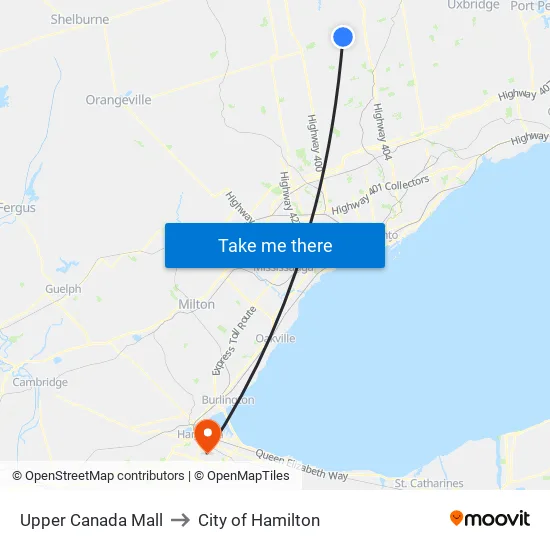 Upper Canada Mall to City of Hamilton map