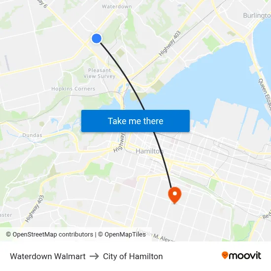 Waterdown Walmart to City of Hamilton map
