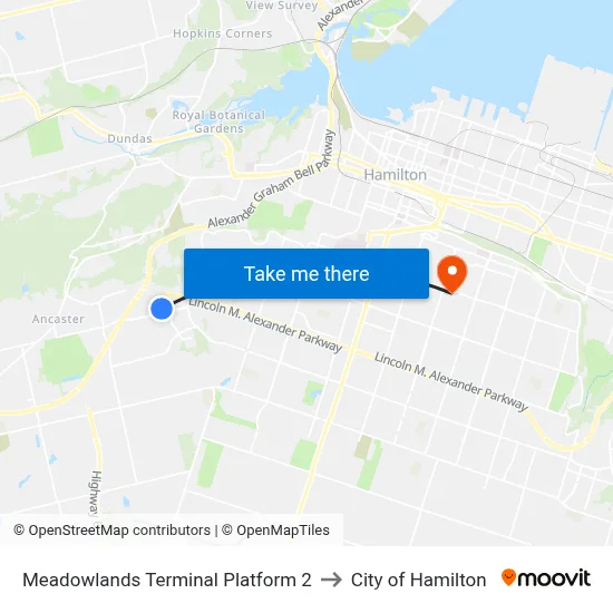 Meadowlands Terminal Platform 2 to City of Hamilton map