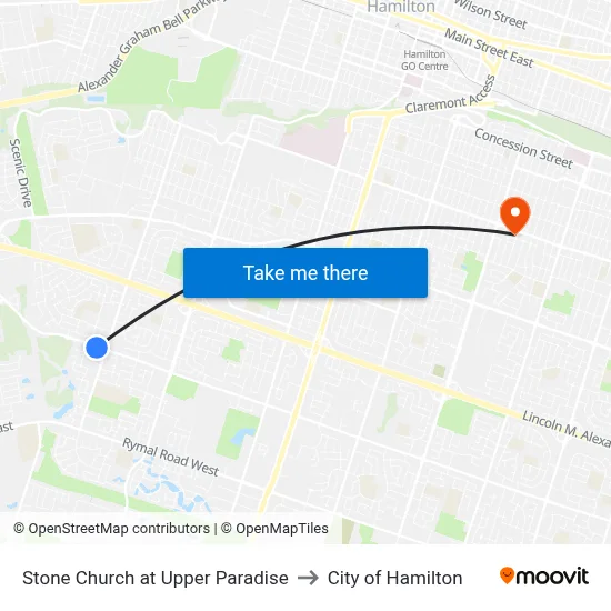 Stone Church at Upper Paradise to City of Hamilton map
