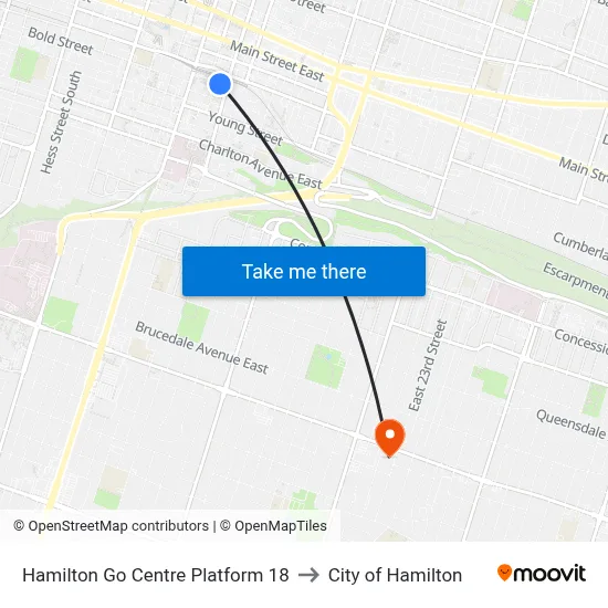 Hamilton Go Centre Platform 18 to City of Hamilton map