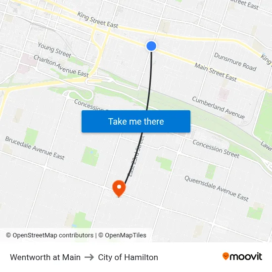 Wentworth at Main to City of Hamilton map