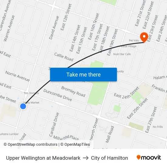 Upper Wellington at Meadowlark to City of Hamilton map