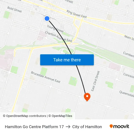 Hamilton Go Centre Platform 17 to City of Hamilton map