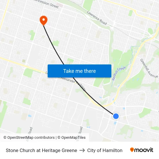 Stone Church at Heritage Greene to City of Hamilton map