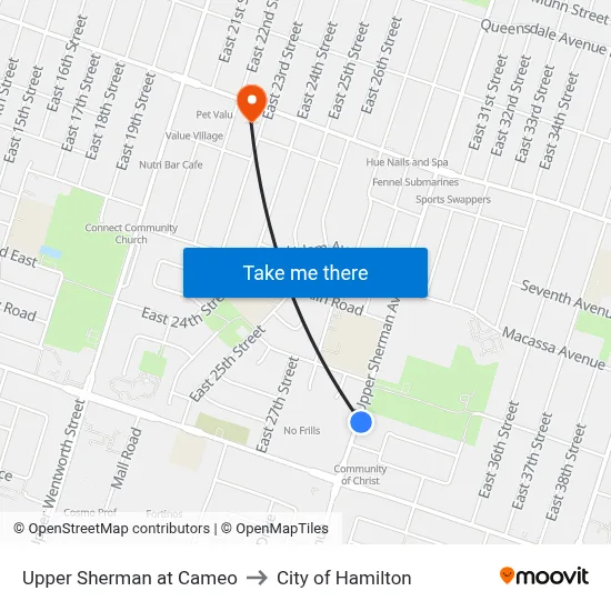 Upper Sherman at Cameo to City of Hamilton map