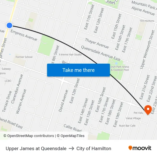 Upper James at Queensdale to City of Hamilton map