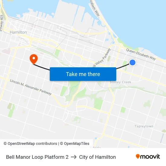 Bell Manor Loop Platform 2 to City of Hamilton map