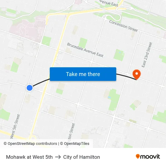 Mohawk at West 5th to City of Hamilton map
