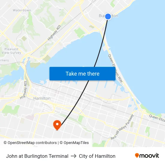 John at Burlington Terminal to City of Hamilton map