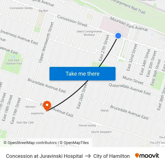 Concession at Juravinski Hospital to City of Hamilton map