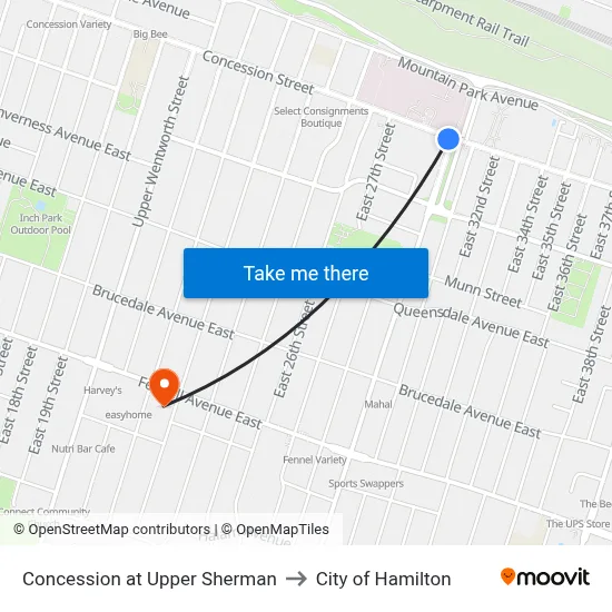 Concession at Upper Sherman to City of Hamilton map