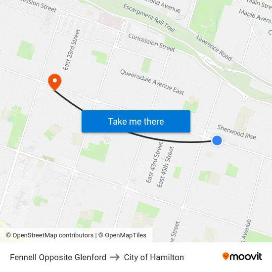 Fennell Opposite Glenford to City of Hamilton map