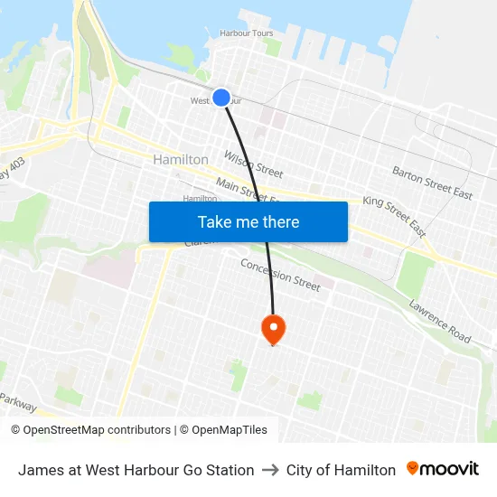 James at West Harbour Go Station to City of Hamilton map