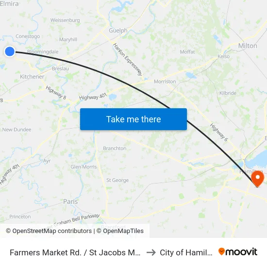 Farmers Market Rd. / St Jacobs Market to City of Hamilton map