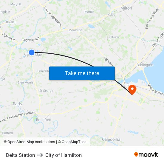 Delta Station to City of Hamilton map