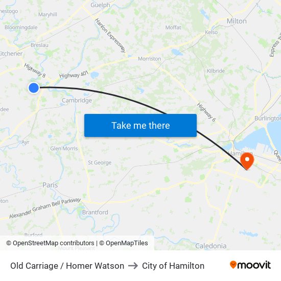 Old Carriage / Homer Watson to City of Hamilton map