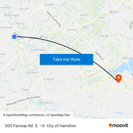 500 Fairway Rd. S. to City of Hamilton map