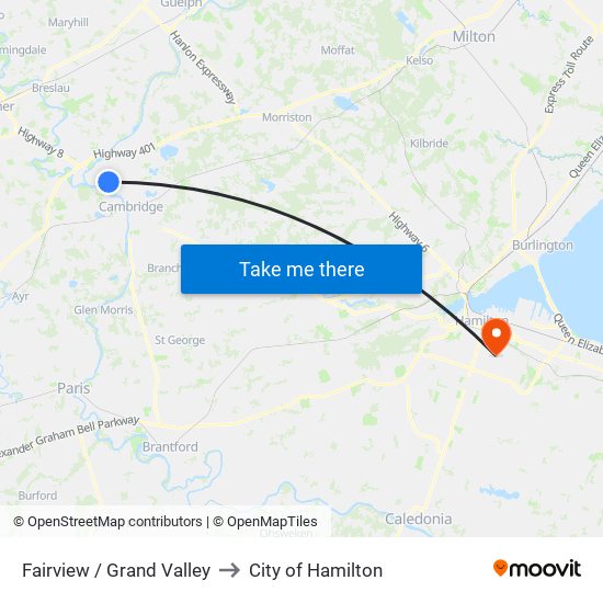 Fairview / Grand Valley to City of Hamilton map