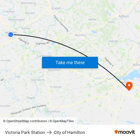 Victoria Park Station to City of Hamilton map