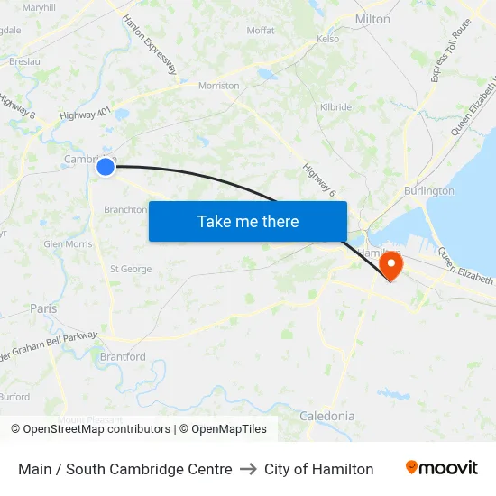 Main / South Cambridge Centre to City of Hamilton map
