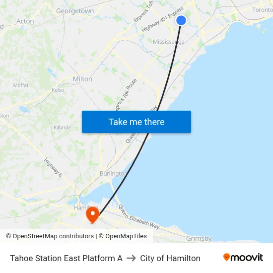 Tahoe Station East Platform A to City of Hamilton map