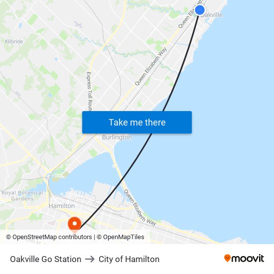 Oakville Go Station to City of Hamilton map