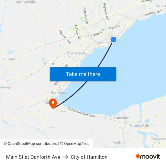 Main St at Danforth Ave to City of Hamilton map