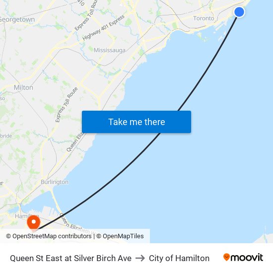 Queen St East at Silver Birch Ave to City of Hamilton map