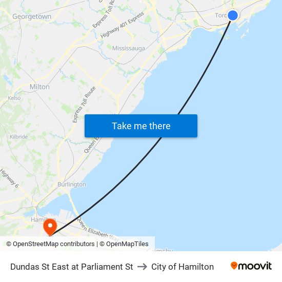 Dundas St East at Parliament St to City of Hamilton map