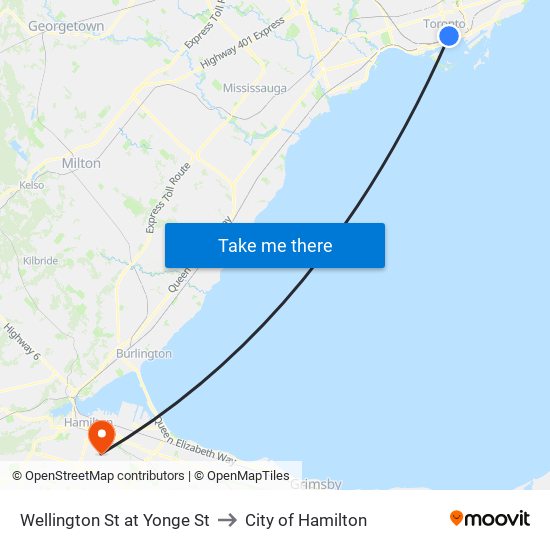 Wellington St at Yonge St to City of Hamilton map