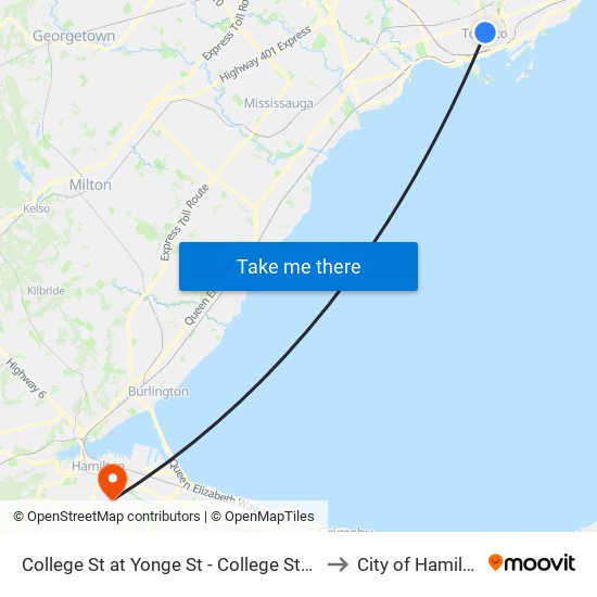 College St at Yonge St - College Station to City of Hamilton map