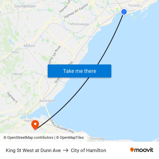 King St West at Dunn Ave to City of Hamilton map