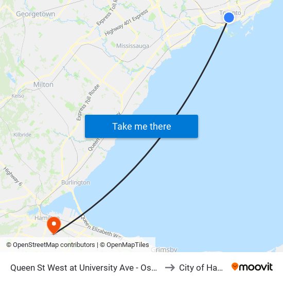 Queen St West at University Ave - Osgoode Station to City of Hamilton map