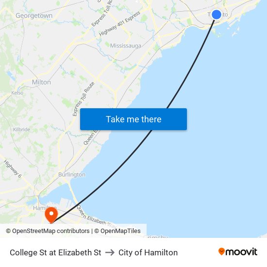 College St at Elizabeth St to City of Hamilton map