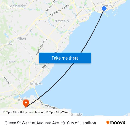 Queen St West at Augusta Ave to City of Hamilton map