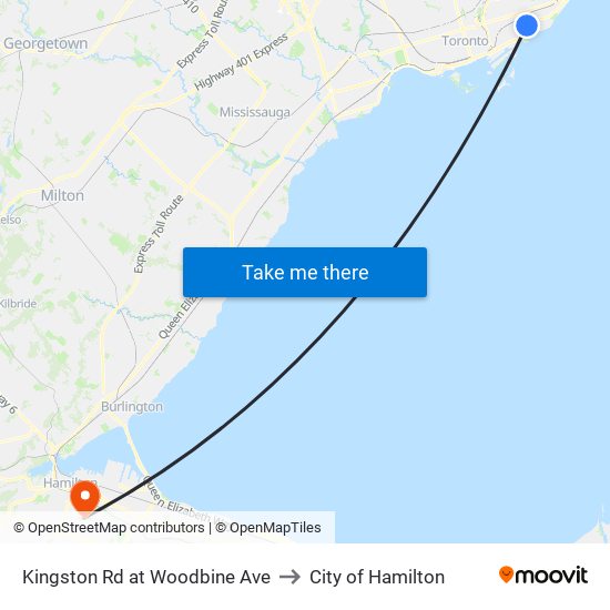 Kingston Rd at Woodbine Ave to City of Hamilton map