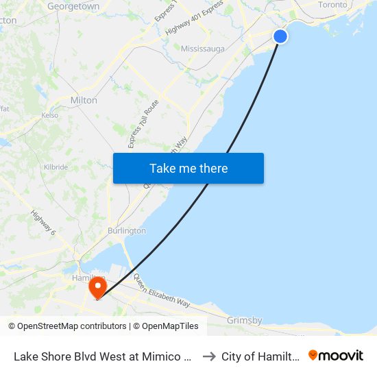 Lake Shore Blvd West at Mimico Ave to City of Hamilton map