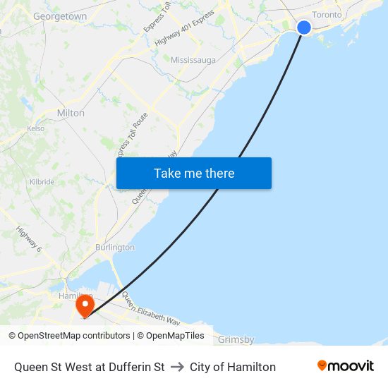 Queen St West at Dufferin St to City of Hamilton map