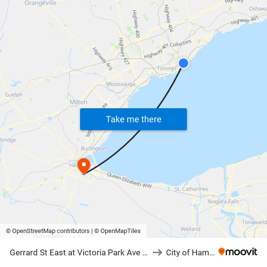 Gerrard St East at Victoria Park Ave West Side to City of Hamilton map